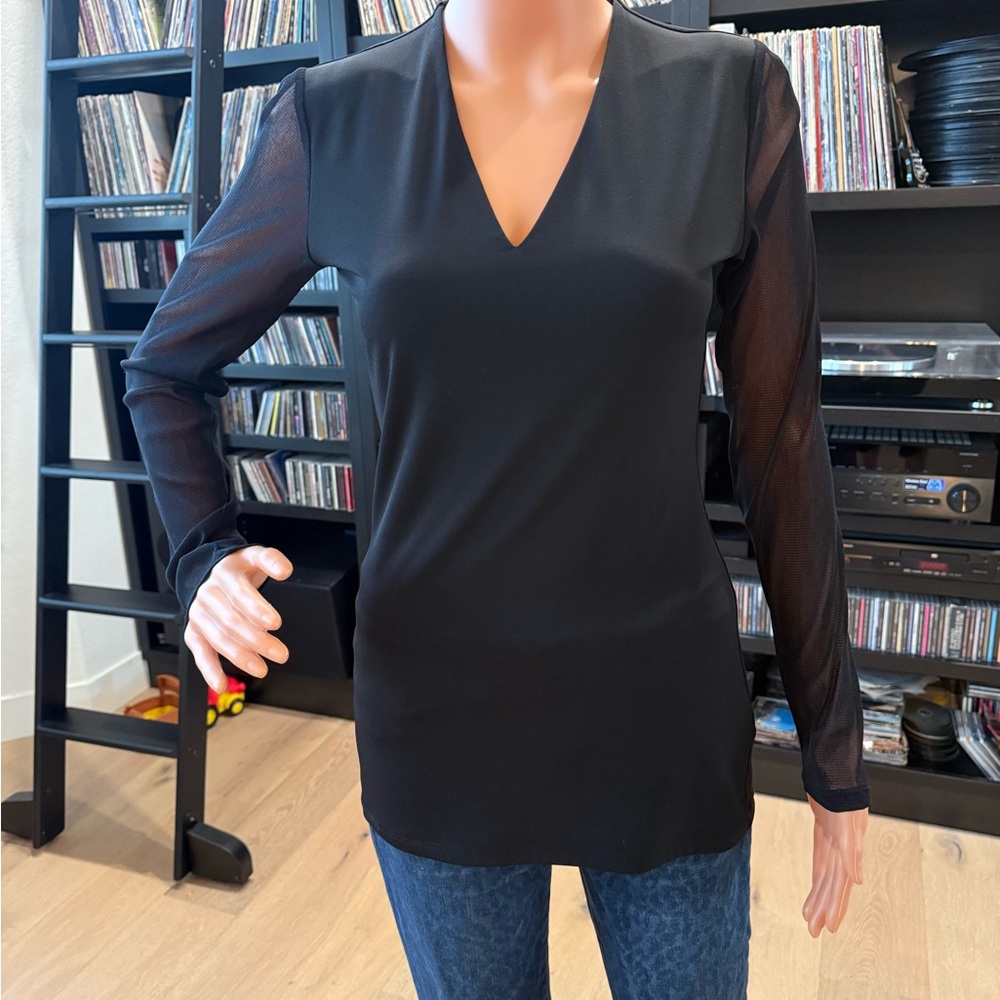 INC International Concepts Black V-Neck Tunic with Sheer Mesh Sleeves - Picture 2 of 6